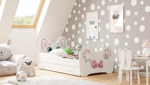 Dětská postel Růžová kočka 140 × 70 cm s úložným šuplíkem – motiv kočka