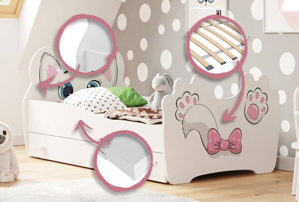 Dětská postel Růžová kočka 140 × 70 cm s úložným šuplíkem – motiv kočka