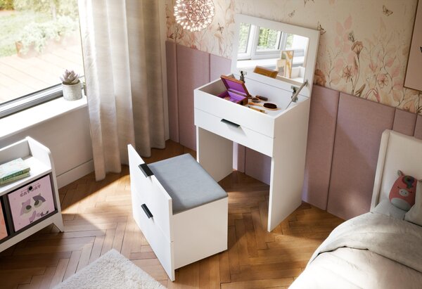 Toaletní stolek RUBI s výklopnou deskou, zrcadlem a čalouněným sedátkem – bílá