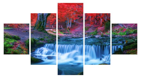 Obraz vodopádu v červeném lese (125x70 cm)