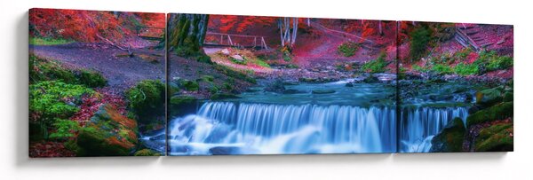 Obraz vodopádu v červeném lese (170x50 cm)