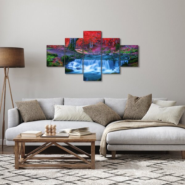 Obraz vodopádu v červeném lese (125x70 cm)
