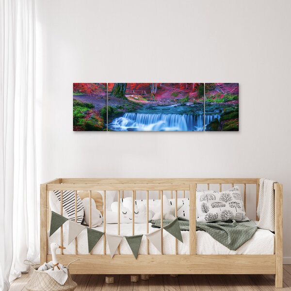 Obraz vodopádu v červeném lese (170x50 cm)