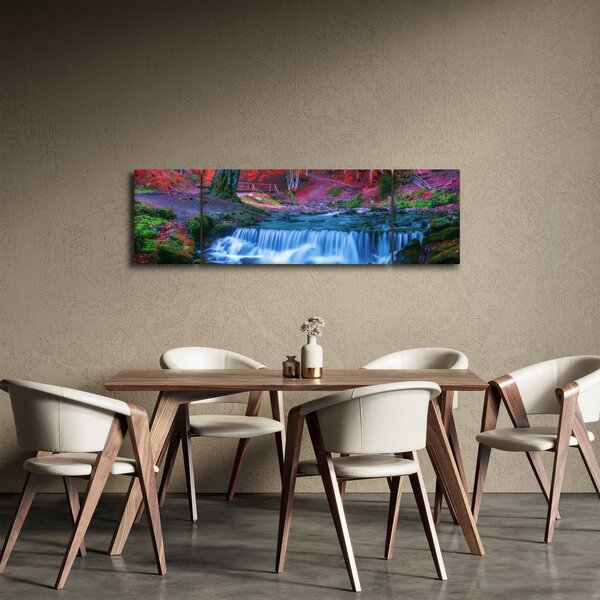 Obraz vodopádu v červeném lese (170x50 cm)