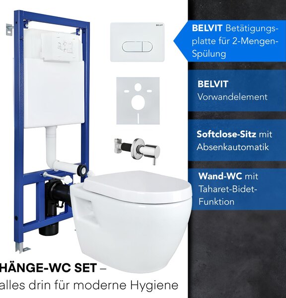 Kompletní sada závěsného sprchového klozetu Aloni bez okrajů s funkcí WC/bidet, kohoutkem na teplou/studenou vodu, měkce zavíratelným sedátkem a předstěnovým prvkem