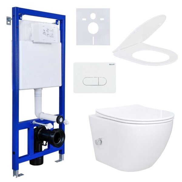 Kompletní sada závěsného sprchového klozetu Aloni bez okrajů s funkcí WC/bidet, kohoutkem na teplou/studenou vodu, měkce zavíratelným sedátkem a předstěnovým prvkem