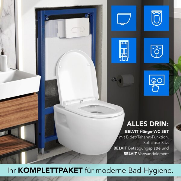 Kompletní sada závěsného sprchového klozetu Aloni bez okrajů s funkcí WC/bidet, kohoutkem na teplou/studenou vodu, měkce zavíratelným sedátkem a předstěnovým prvkem