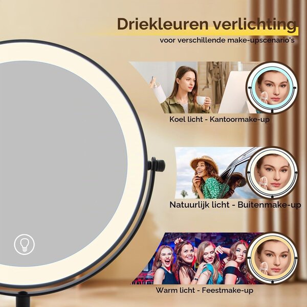 Kosmetické zrcadlo stolní - LED osvětlení - 1x/10x zvětšení - Stříbrná - Nabíjecí