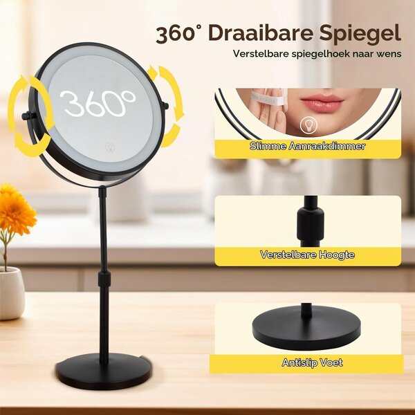 Kosmetické zrcadlo stolní - LED osvětlení - 1x/10x zvětšení - Stříbrná - Nabíjecí