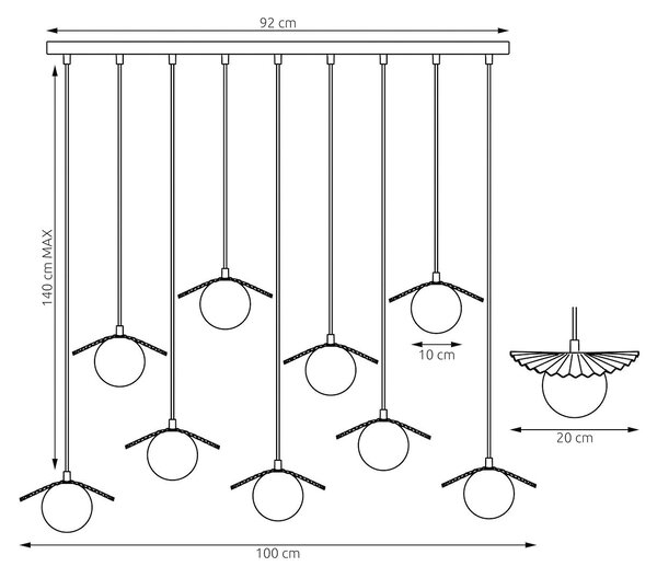 Závěsné svítidlo FLORA 9 – tlumeně modré, bílé sklo, 9× G9, šířka 116 cm