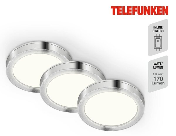 BRILONER TELEFUNKEN 3ks sada skříňkové svítidlo, pr. 6 cm, 1,8 W, 170 lm, hliník TF 205009TF
