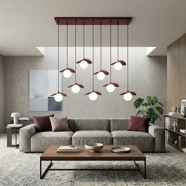 Závěsné svítidlo FLORA 9 – vínové, opálové sklo, 9× G9, šířka 100 cm