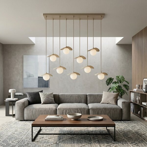Závěsné svítidlo FLORA 9 – moka, opálové sklo, 9× G9, šířka 100 cm