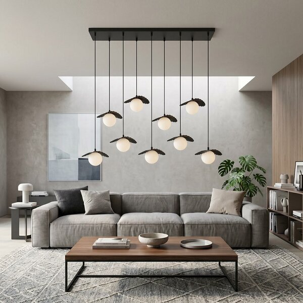Závěsné svítidlo FLORA 9 – černé, opálové sklo, 9× G9, šířka 100 cm