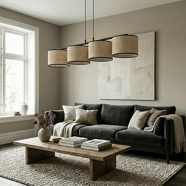 Závěsné svítidlo ECO 4 – černé / ratanové, 4× E27, šířka 95 cm