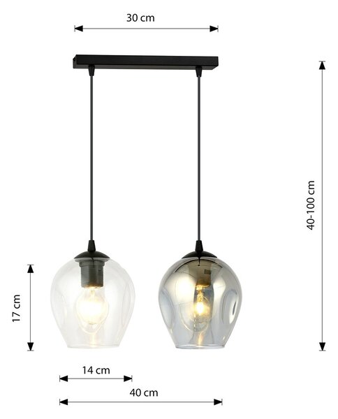 Závěsné svítidlo ISTAR 2 – černé, čiré / grafitové sklo, 2× E27, šířka 40 cm
