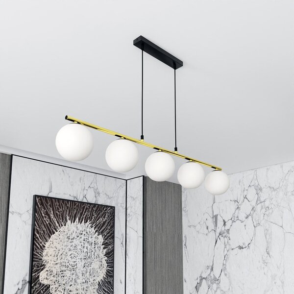Závěsné svítidlo ALLORA 5 – černé, opálové sklo, 5× E14, šířka 105 cm