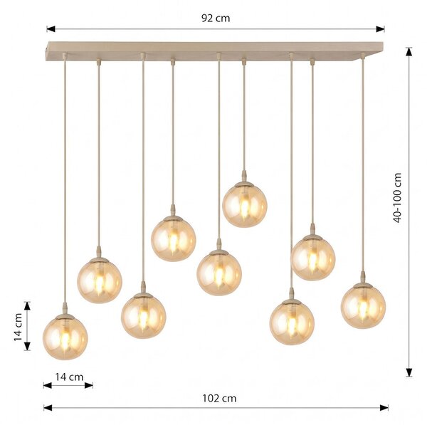 Závěsné svítidlo COSMO 9 – moka, jantarové sklo, 9× E14, šířka 102 cm