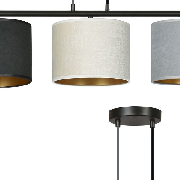 Závěsné svítidlo HILDE 3 – černé, šedá / bílá textilní stínidla, 3× E27, šířka 72 cm