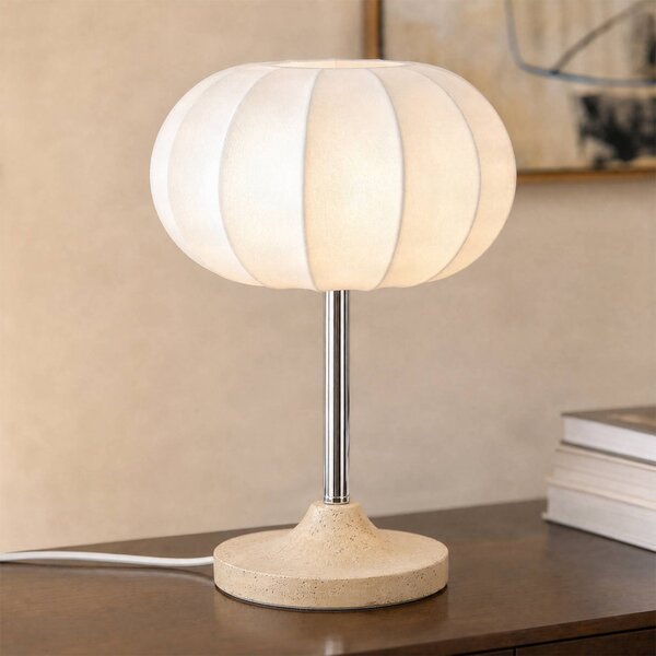NOLA Stolní lampa Elovie, přírodní/chrom, látka/travertin, 35 cm, Bílá / opál, Obývací pokoj / jídelna, Kámen, Skandinávský
