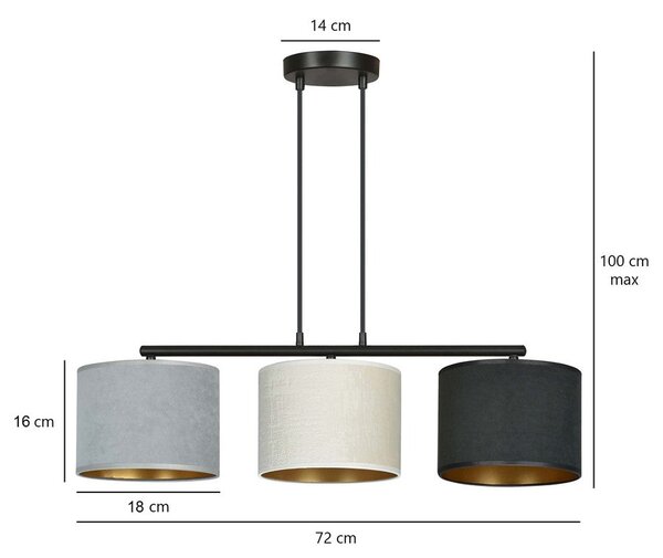 Závěsné svítidlo HILDE 3 – černé, šedá / bílá textilní stínidla, 3× E27, šířka 72 cm