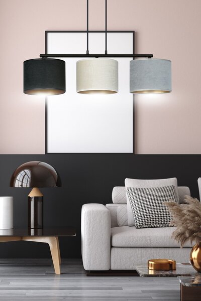 Závěsné svítidlo HILDE 3 – černé, šedá / bílá textilní stínidla, 3× E27, šířka 72 cm