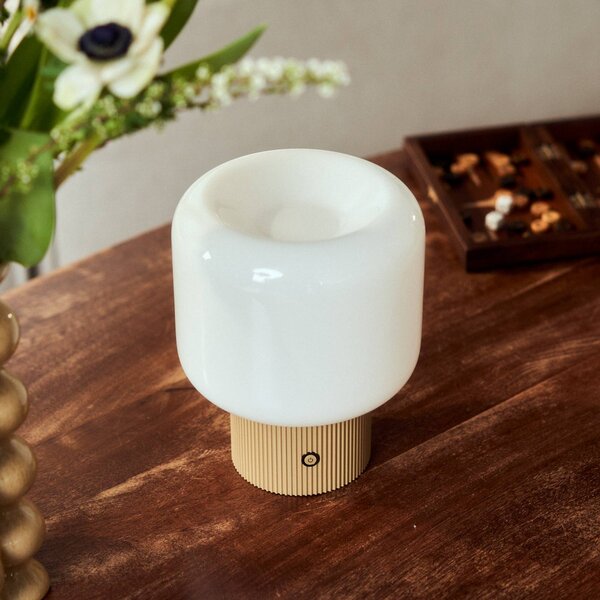 Lucande LED stolní lampa Katrin Palme, béžová, sklo, stmívatelný, Krémová / jantar, Obývací pokoj / jídelna, Sklo, Moderní