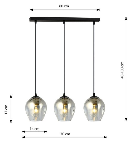 Závěsné svítidlo ISTAR 3 – černé, grafitové sklo, 3× E27, šířka 70 cm