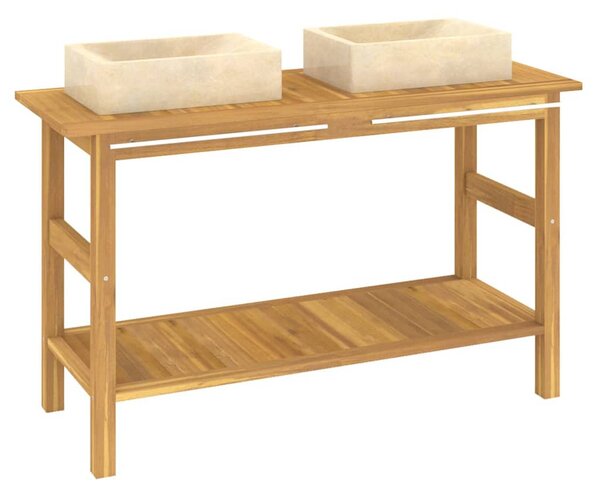 Koupelnová skříňka s umyvadly z krémového mramoru masivní teak 3096578