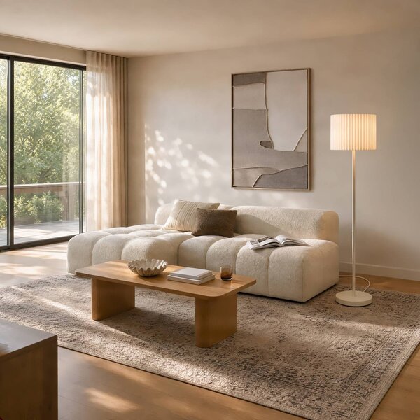 Lindby Stojací lampa Libbie, béžová, výška 150 cm, plátno, E27, Krémová / jantar, Obývací pokoj / jídelna, Textil / tkanina / hedvábí, Skandinávský