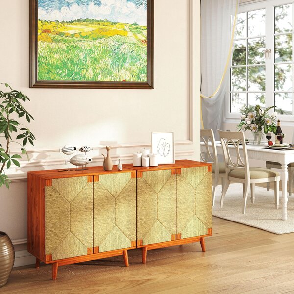 Komoda, styl mid-century boho, podstavec, dveře s texturou připomínající provázek, výška nastavitelná (hnědá)
