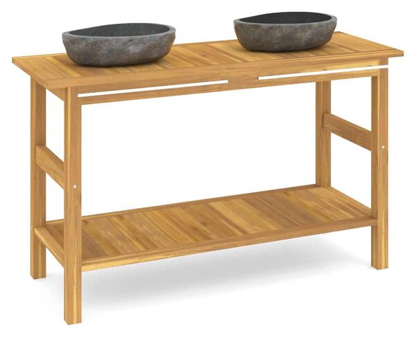 Koupelnová skříňka s umyvadly z říčního kamene masivní teak 3096583