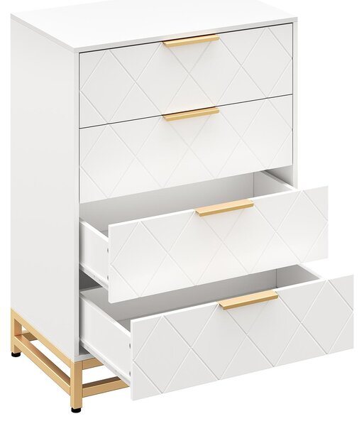 Komoda se čtyřmi zásuvkami, geometrický vzor, trojúhelníky, zlaté úchytky. Bílá komoda se zlatými úchytkami