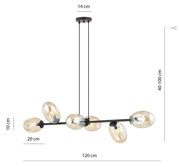 Závěsné svítidlo PANDORA 6 – černé, jantarové sklo, 6× E14, šířka 120 cm