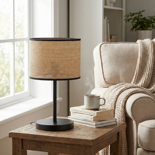 Stolní lampa ECO LN1 – černá / ratanová, 1× E27, šířka 20 cm