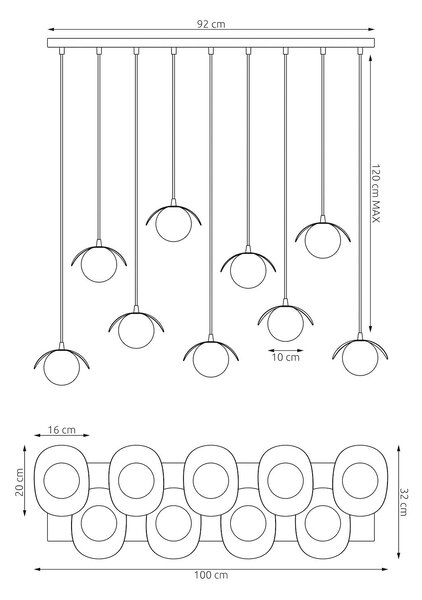 Závěsné svítidlo RITUAL 9 – olivově zelené, bílé sklo, 9× G9, šířka 116 cm