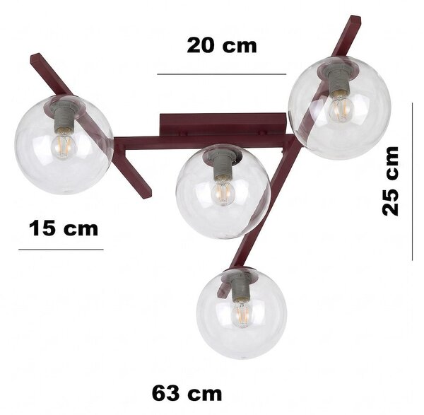 Stropní svítidlo SMART 4 – vínové, čiré sklo, 4× E14, šířka 63 cm