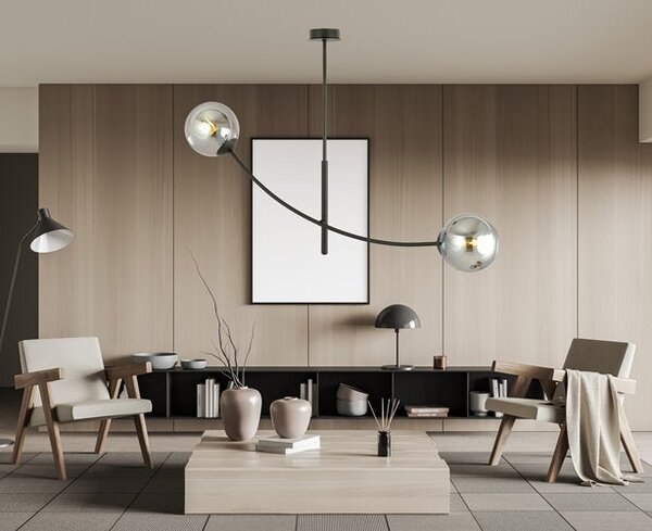 Stropní svítidlo HUNTER 2 – černé, grafitové sklo, 2× E14, šířka 83 cm