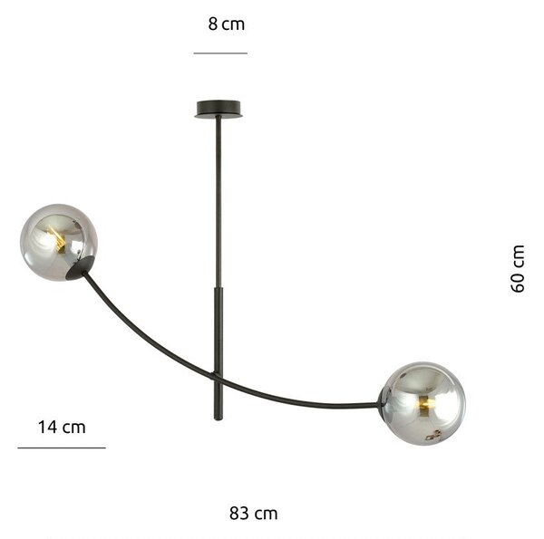 Stropní svítidlo HUNTER 2 – černé, grafitové sklo, 2× E14, šířka 83 cm