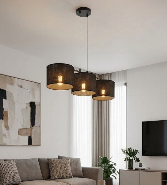 Závěsné svítidlo ECO 3 – celočerné, textilní stínidla, 3× E27, šířka 70 cm