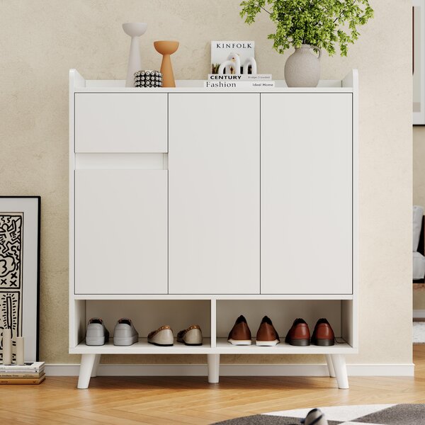 Komoda, 90x99x35 cm, s nastavitelnými policemi, masivní dřevěné nohy, minimalistický design (bílá barva)