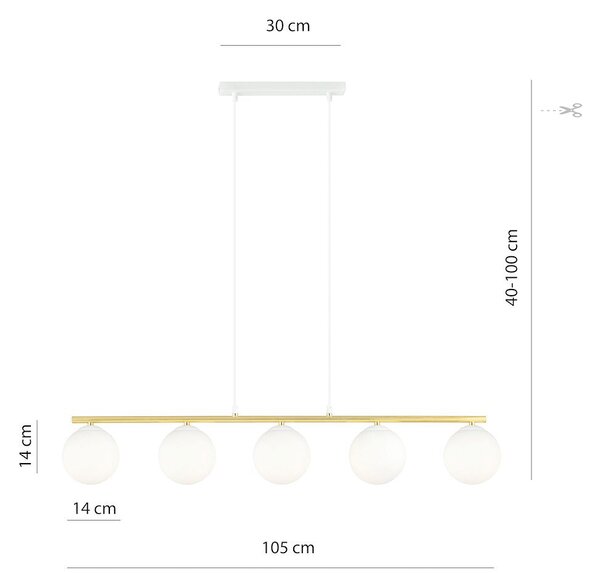 Závěsné svítidlo ALLORA 5 – bílé, opálové sklo, 5× E14, šířka 105 cm