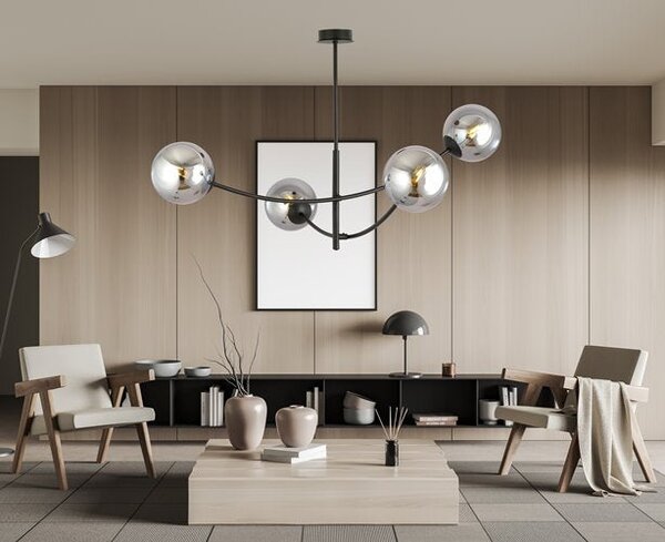 Stropní svítidlo HUNTER 4 – černé, grafitové sklo, 4× E14, šířka 89 cm