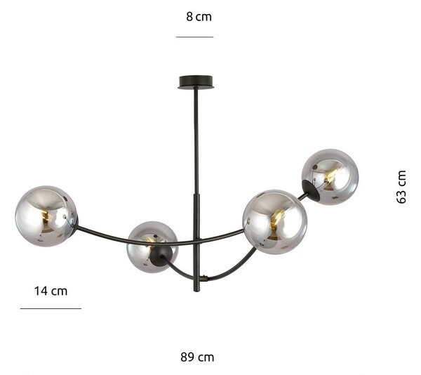 Stropní svítidlo HUNTER 4 – černé, grafitové sklo, 4× E14, šířka 89 cm