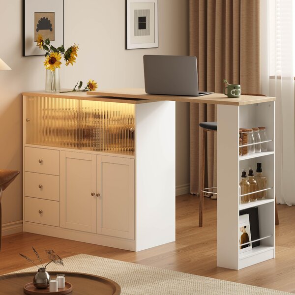 Kuchyňský ostrůvek Flieks s otočnou deskou o 360°, komoda s posuvnými dvířky, barový stůl se zásuvkou, rozměry 172 x 40 x 96 cm, barva: přírodní + bílá, materiál: MDF