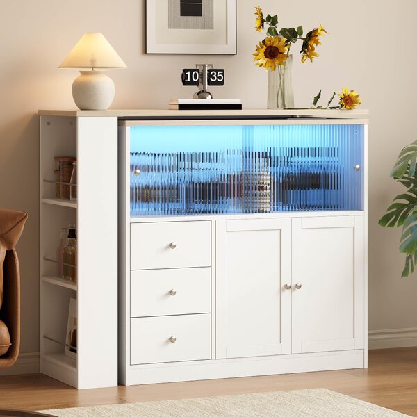 Kuchyňský ostrůvek Flieks s otočnou deskou o 360°, komoda s posuvnými dvířky, barový stůl se zásuvkou, rozměry 172 x 40 x 96 cm, barva: přírodní + bílá, materiál: MDF