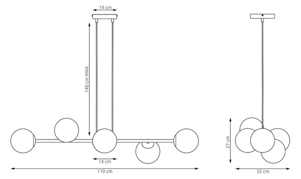 Závěsné svítidlo MAGNUS 6 – tlumeně modré, bílé sklo, 6× E14, šířka 116 cm