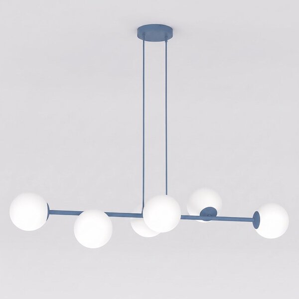Závěsné svítidlo MAGNUS 6 – tlumeně modré, bílé sklo, 6× E14, šířka 116 cm