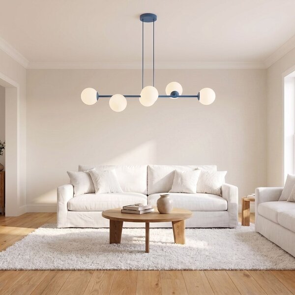 Závěsné svítidlo MAGNUS 6 – tlumeně modré, bílé sklo, 6× E14, šířka 116 cm