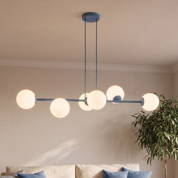 Závěsné svítidlo MAGNUS 6 – tlumeně modré, bílé sklo, 6× E14, šířka 116 cm